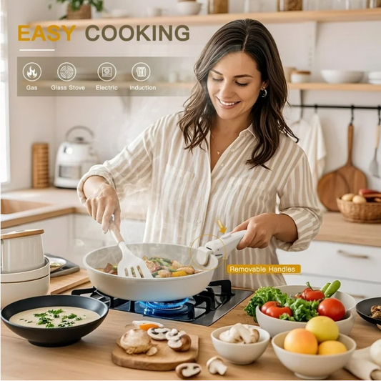 Astercook 20 Piece Nonstick Cookware Set Detachable Handle Induction Oven Safe Stackable RV Kitchen Set Cream White