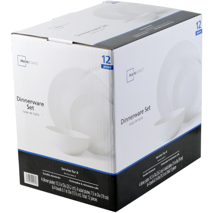 Mainstays Glazed White Stoneware Dinnerware Set, 12-Pieces
