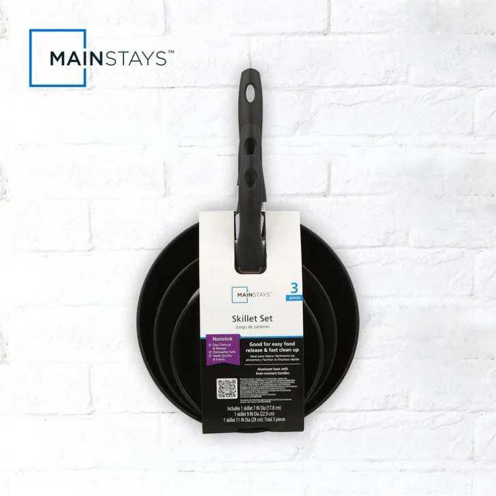 Mainstays 3 Piece Nonstick Skillet Set Aluminum Frying Pans Black Kitchen Cookware
