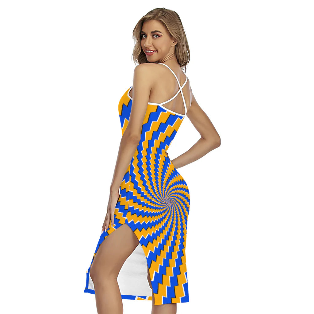 Yellow Spiral Moving Optical Illusion Cross Back Cami Dress