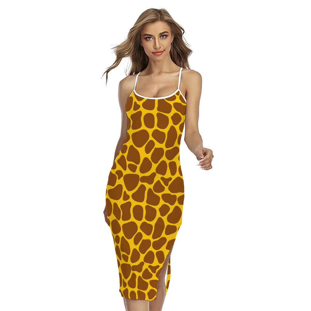 Yellow Brown Giraffe Pattern Print Cross Back Cami Dress