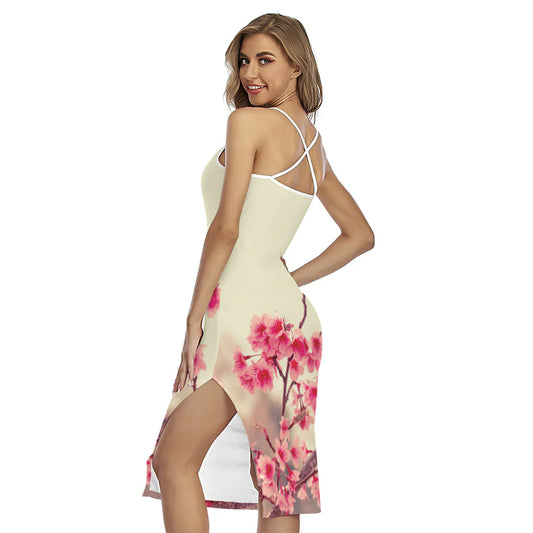 Vintage Cherry Blossom Print Cross Back Cami Dress