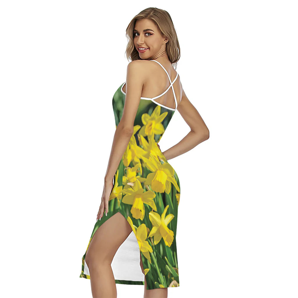 Yellow Daffodil Flower Print Cross Back Cami Dress