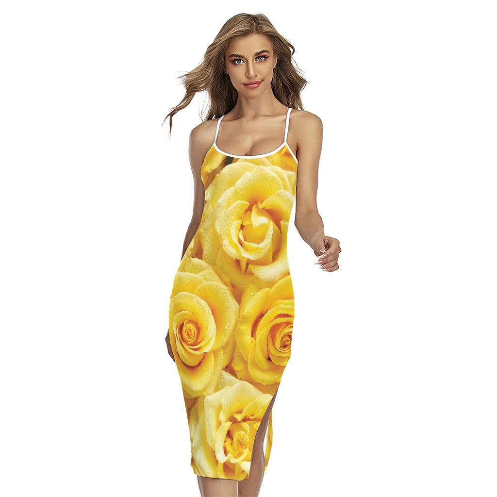 Yellow Rose Print Cross Back Cami Dress