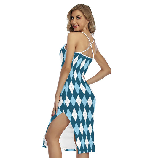 Soft Blue Argyle Pattern Print Cross Back Cami Dress