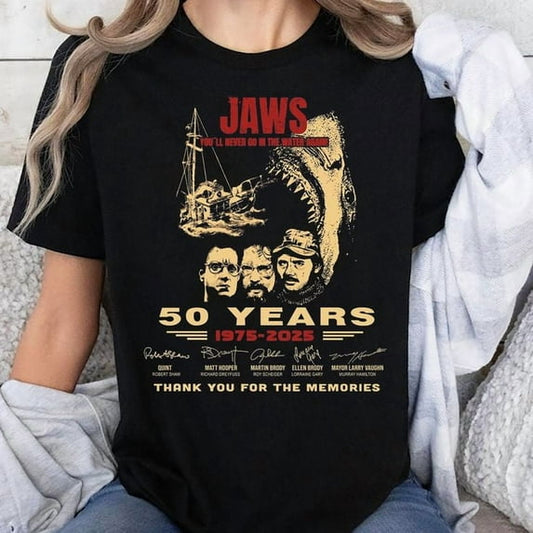 Jaws 50th Anniversary Movie Signatures Thank You The Memories T-Shirt