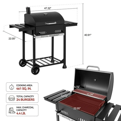 Royal Gourmet CD1824ET 24 Inch Movable Charcoal BBQ Grill with Foldable Side Shelves Outdoor Backyard Grill