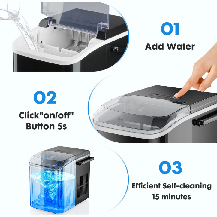 EDX Countertop Ice Maker Portable Ice Machine 26.5Lbs/24H Self Cleaning with Handle Ice Scoop Black