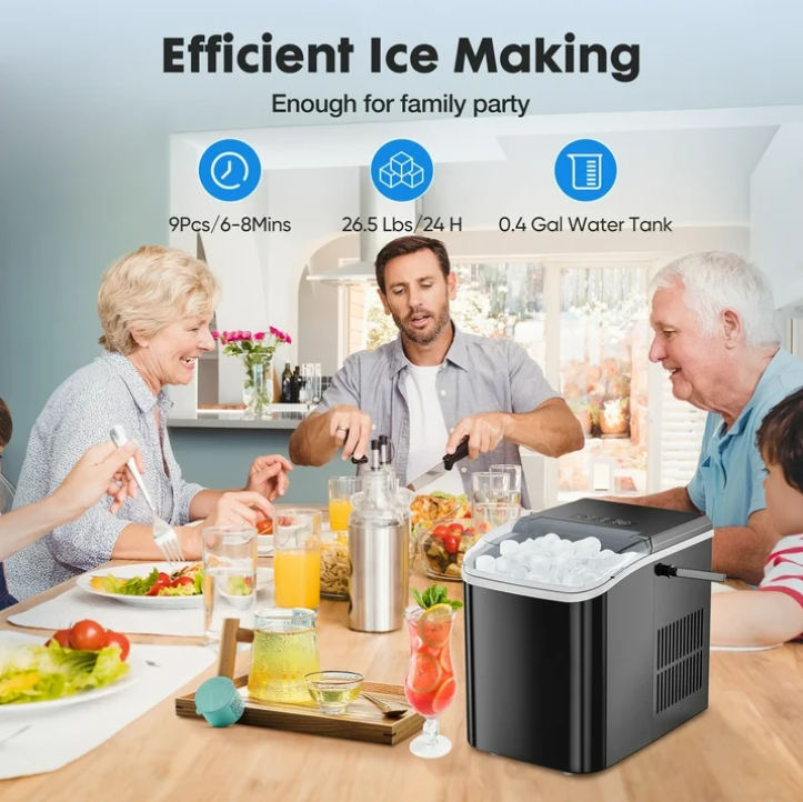 EDX Countertop Ice Maker Portable Ice Machine 26.5Lbs/24H Self Cleaning with Handle Ice Scoop Black