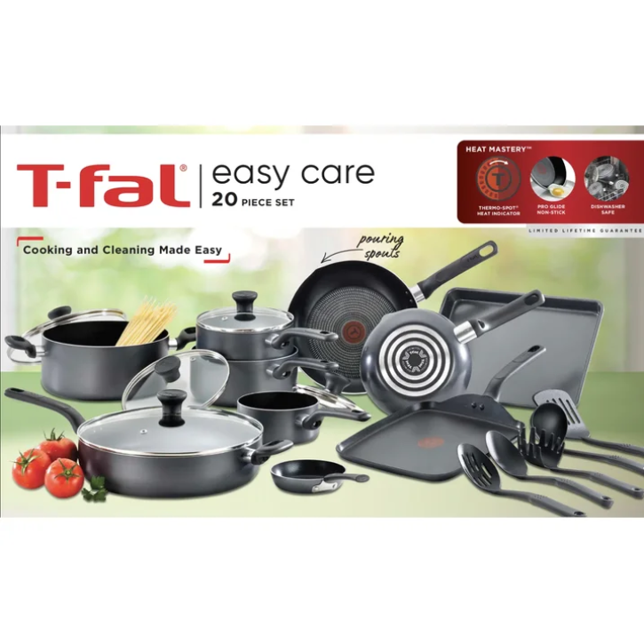 T-fal Easy Care 20 Piece Nonstick Cookware Set, Pots and Pans Set, Dishwasher Safe Kitchen Cookware Set Grey