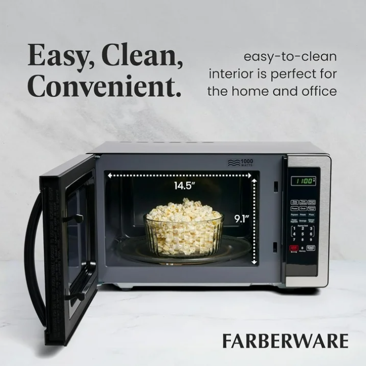 Farberware 1.1 Cu Ft Countertop Microwave Oven 1000W Stainless Steel LED Display Kitchen Microwave