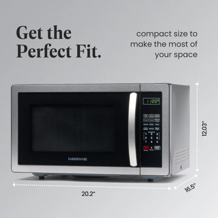 Farberware 1.1 Cu Ft Countertop Microwave Oven 1000W Stainless Steel LED Display Kitchen Microwave