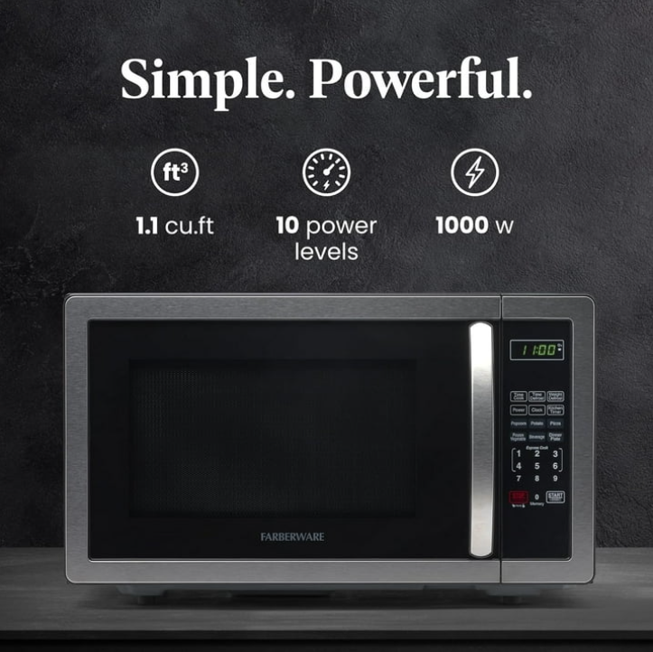 Farberware 1.1 Cu Ft Countertop Microwave Oven 1000W Stainless Steel LED Display Kitchen Microwave