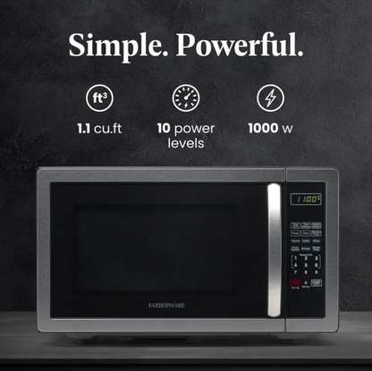Farberware 1.1 Cu Ft Countertop Microwave Oven 1000W Stainless Steel LED Display Kitchen Microwave