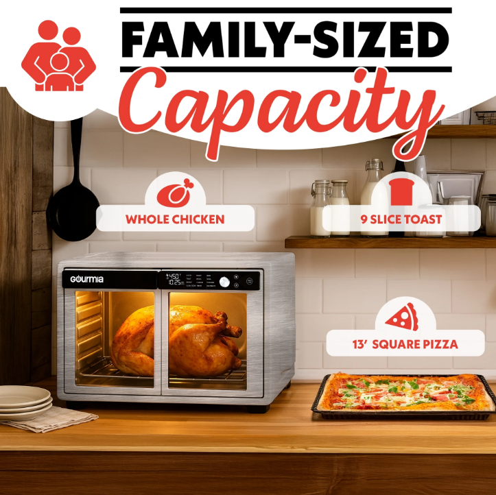 Gourmia 37 Qt Air Fryer French Door Toaster Oven 12 Cooking Presets Stainless Steel 9 Slice Oven
