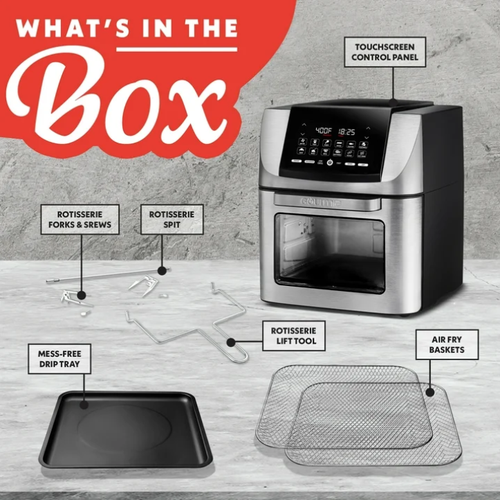 Gourmia 14 Qt Air Fryer Oven FryForce 360 Rotisserie 12 Presets Stainless Steel Countertop Oven