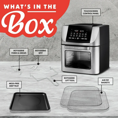 Gourmia 14 Qt Air Fryer Oven FryForce 360 Rotisserie 12 Presets Stainless Steel Countertop Oven