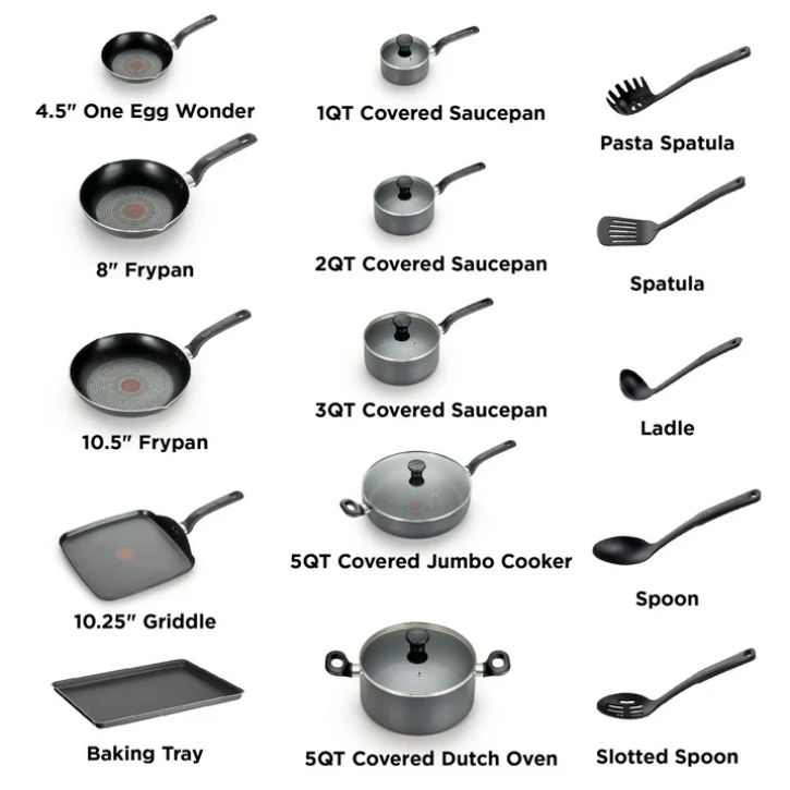 T-fal Easy Care 20 Piece Nonstick Cookware Set, Pots and Pans Set, Dishwasher Safe Kitchen Cookware Set Grey