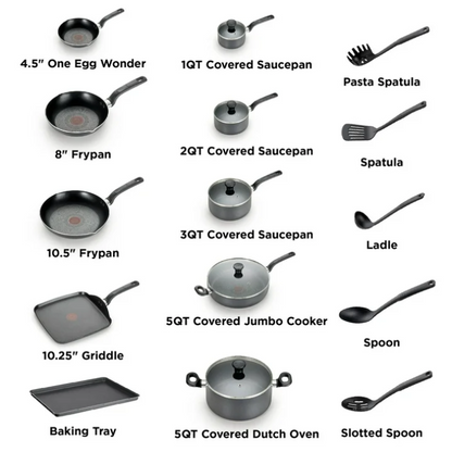 T-fal Easy Care 20 Piece Nonstick Cookware Set, Pots and Pans Set, Dishwasher Safe Kitchen Cookware Set Grey