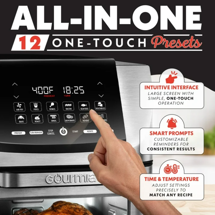 Gourmia 14 Qt Air Fryer Oven FryForce 360 Rotisserie 12 Presets Stainless Steel Countertop Oven