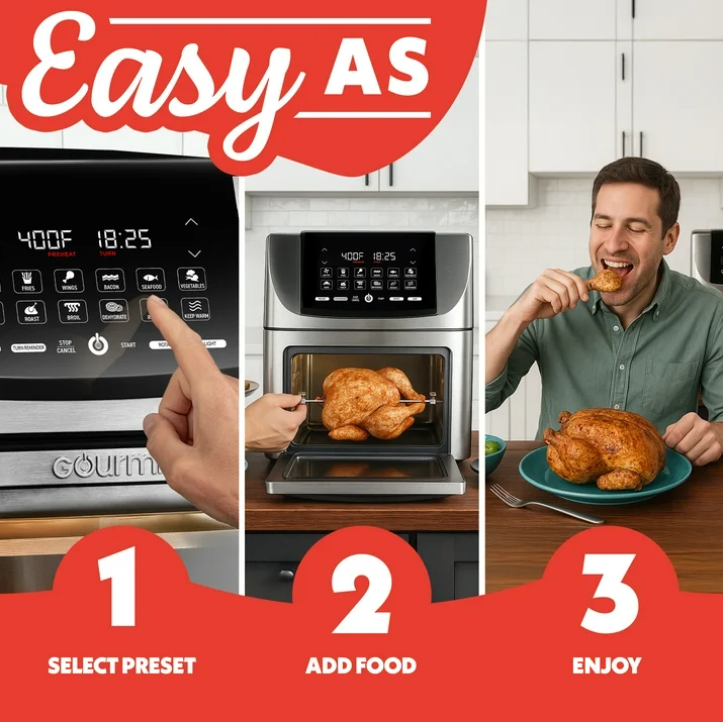 Gourmia 14 Qt Air Fryer Oven FryForce 360 Rotisserie 12 Presets Stainless Steel Countertop Oven