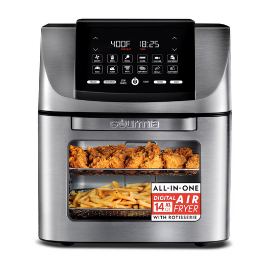 Gourmia 14 Qt Air Fryer Oven FryForce 360 Rotisserie 12 Presets Stainless Steel Countertop Oven