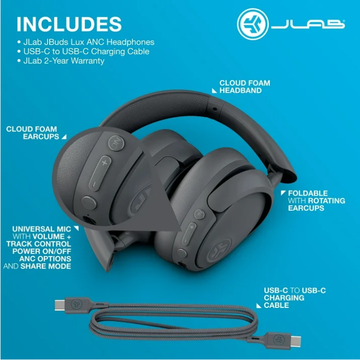 JLab JBuds Lux ANC Over Ear Wireless Headphones 70 Hour Battery Active Noise Cancelling Graphite