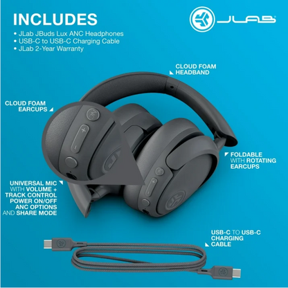 JLab JBuds Lux ANC Over Ear Wireless Headphones 70 Hour Battery Active Noise Cancelling Graphite