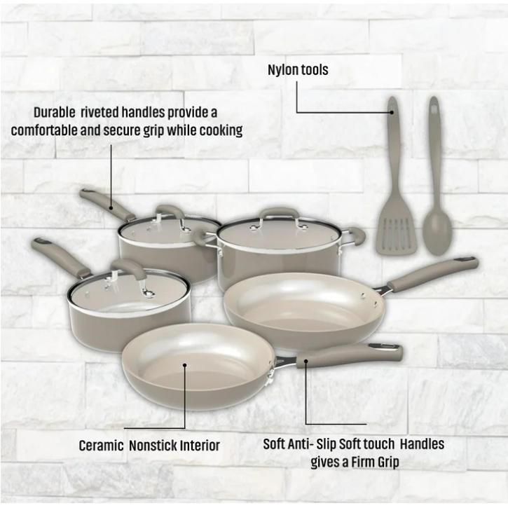 Mainstays 10 Piece Heavy Gauge Ceramic Cookware Set Nonstick Pots and Pans Kitchen Cookware Set