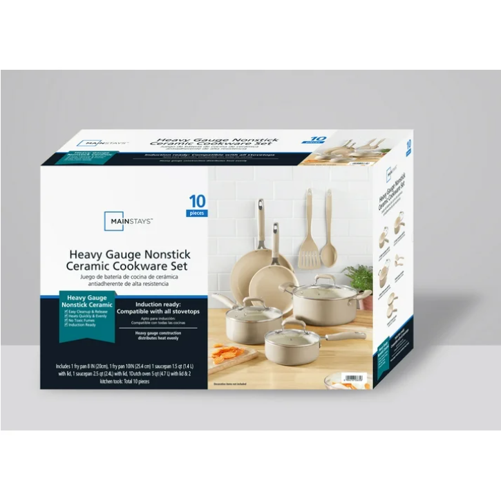 Mainstays 10 Piece Heavy Gauge Ceramic Cookware Set Nonstick Pots and Pans Kitchen Cookware Set