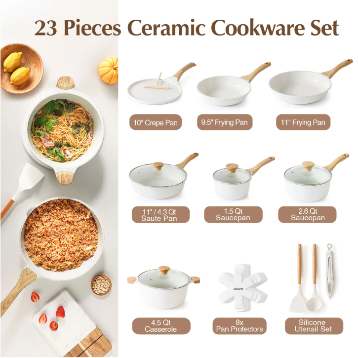 SENSARTE 23 Piece Ceramic Nonstick Cookware Set Induction Compatible Pots and Pans Set White Kitchen Set