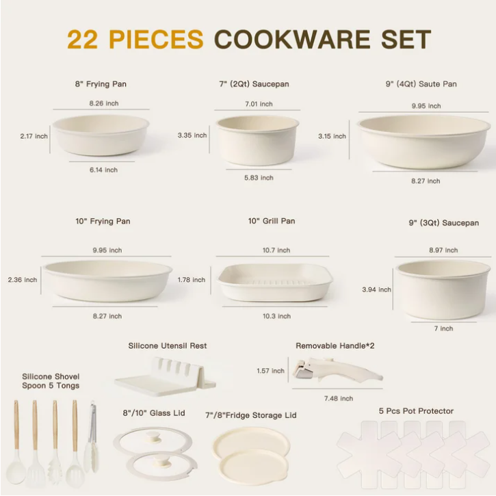 Astercook 22 Piece Pots and Pans Set Non Stick, Cookware Set with Detachable Handles, Oven Safe, Induction Ready, Stackable RV Kitchen Cooking Set, Cream White