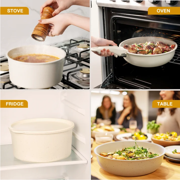 Astercook 22 Piece Pots and Pans Set Non Stick, Cookware Set with Detachable Handles, Oven Safe, Induction Ready, Stackable RV Kitchen Cooking Set, Cream White