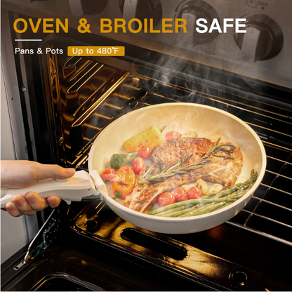 Astercook 22 Piece Pots and Pans Set Non Stick, Cookware Set with Detachable Handles, Oven Safe, Induction Ready, Stackable RV Kitchen Cooking Set, Cream White