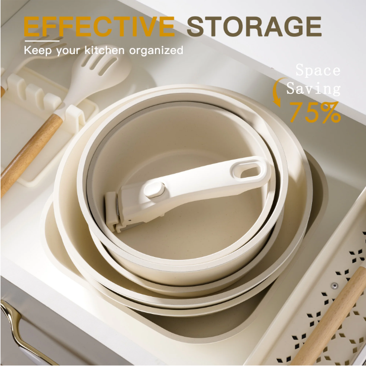 Astercook 22 Piece Pots and Pans Set Non Stick, Cookware Set with Detachable Handles, Oven Safe, Induction Ready, Stackable RV Kitchen Cooking Set, Cream White