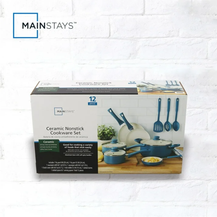 Mainstays 12 Piece Ceramic Nonstick Aluminum Pots and Pans Cookware Set, Blue