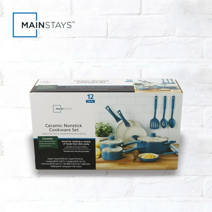 Mainstays 12 Piece Ceramic Nonstick Aluminum Pots and Pans Cookware Set, Blue