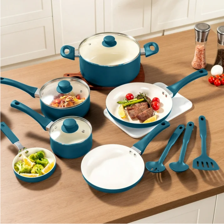 Mainstays 12 Piece Ceramic Nonstick Aluminum Pots and Pans Cookware Set, Blue