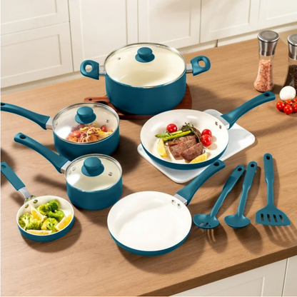 Mainstays 12 Piece Ceramic Nonstick Aluminum Pots and Pans Cookware Set, Blue
