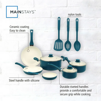 Mainstays 12 Piece Ceramic Nonstick Aluminum Pots and Pans Cookware Set, Blue