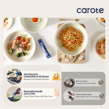Carote 4 Pcs Nonstick Cookware Sets, Pots and Pans Set with Detachable Handles, Oven Safe, Induction Cookware, Stackable Kitchen Cooking Set, Navy Blue
