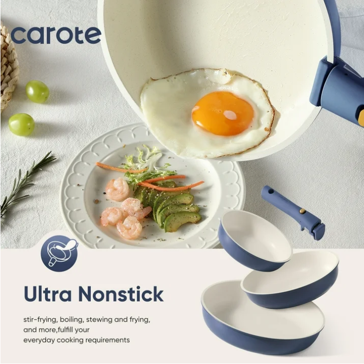 Carote 4 Pcs Nonstick Cookware Sets, Pots and Pans Set with Detachable Handles, Oven Safe, Induction Cookware, Stackable Kitchen Cooking Set, Navy Blue