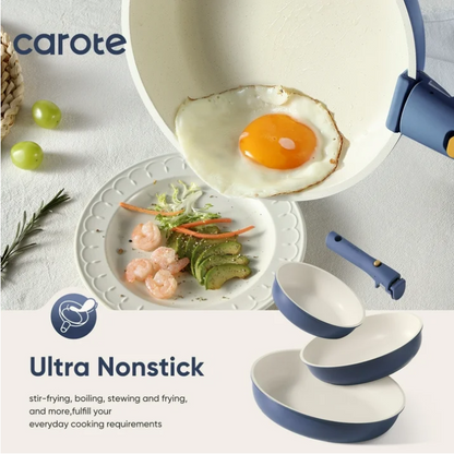 Carote 4 Pcs Nonstick Cookware Sets, Pots and Pans Set with Detachable Handles, Oven Safe, Induction Cookware, Stackable Kitchen Cooking Set, Navy Blue