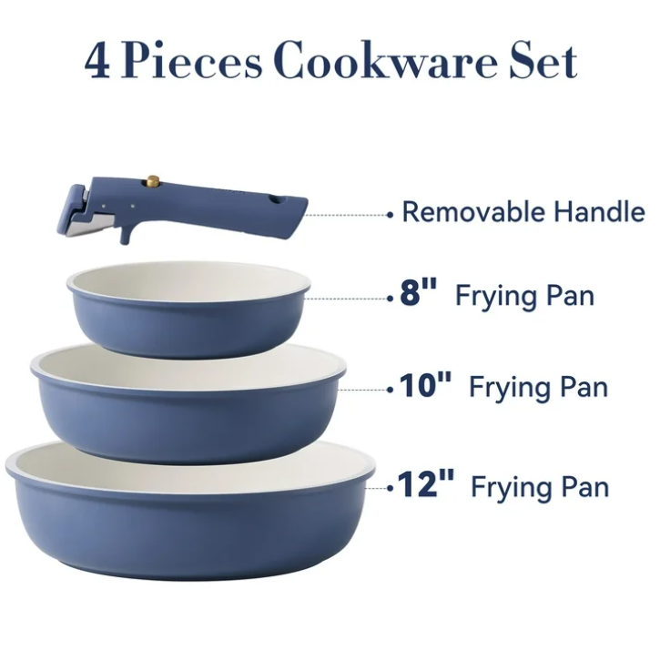 Carote 4 Pcs Nonstick Cookware Sets, Pots and Pans Set with Detachable Handles, Oven Safe, Induction Cookware, Stackable Kitchen Cooking Set, Navy Blue