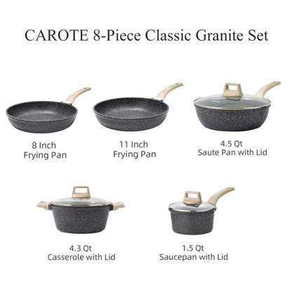 Carote 8 Piece Nonstick Cookware Set Induction Pots and Pans Set Non Stick Kitchen Cookware Black