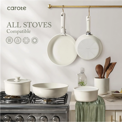 Carote 17 Piece Nonstick Cookware Set Removable Handle Induction Oven Safe Pots and Pans Set White