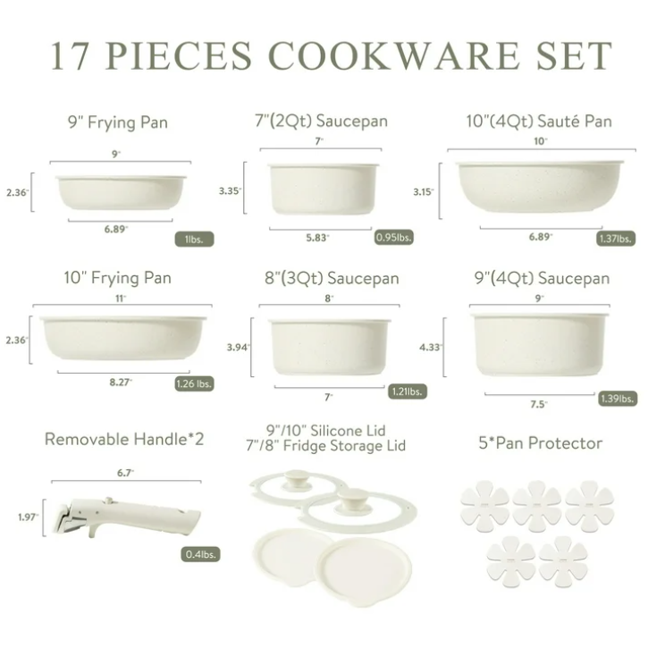 Carote 17 Piece Nonstick Cookware Set Removable Handle Induction Oven Safe Pots and Pans Set White