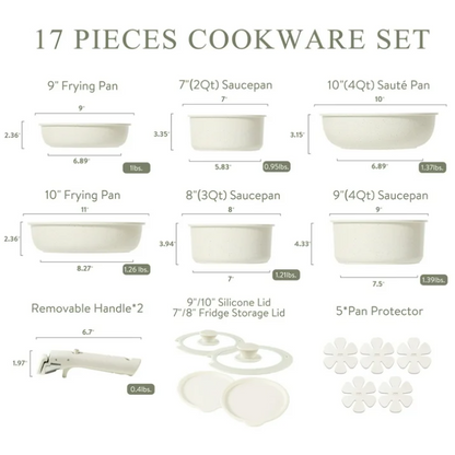 Carote 17 Piece Nonstick Cookware Set Removable Handle Induction Oven Safe Pots and Pans Set White