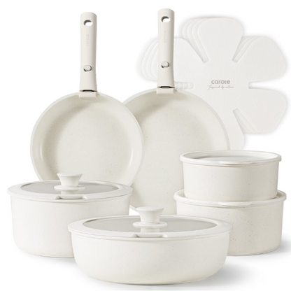 Carote 17 Piece Nonstick Cookware Set Removable Handle Induction Oven Safe Pots and Pans Set White