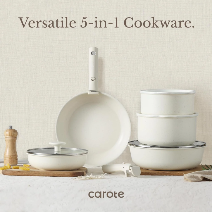 Carote 13 Pcs Nonstick Cookware Sets, Pots and Pans with Detachable Handles, Oven Safe, Induction Cookware, Stackable Kitchen Cooking Set, White